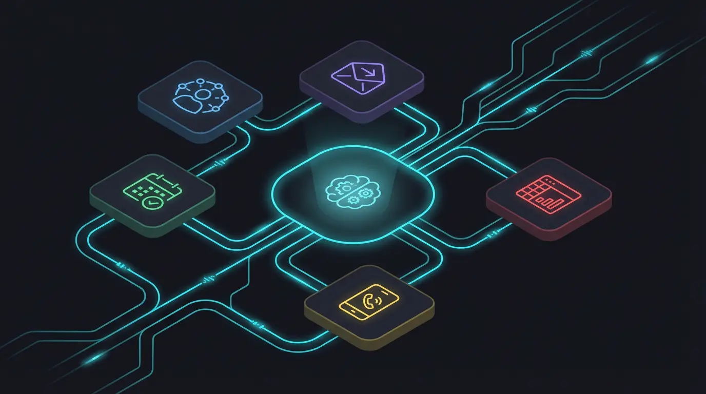 Interconnected business tools linked by automated pipeline with central AI orchestrator
