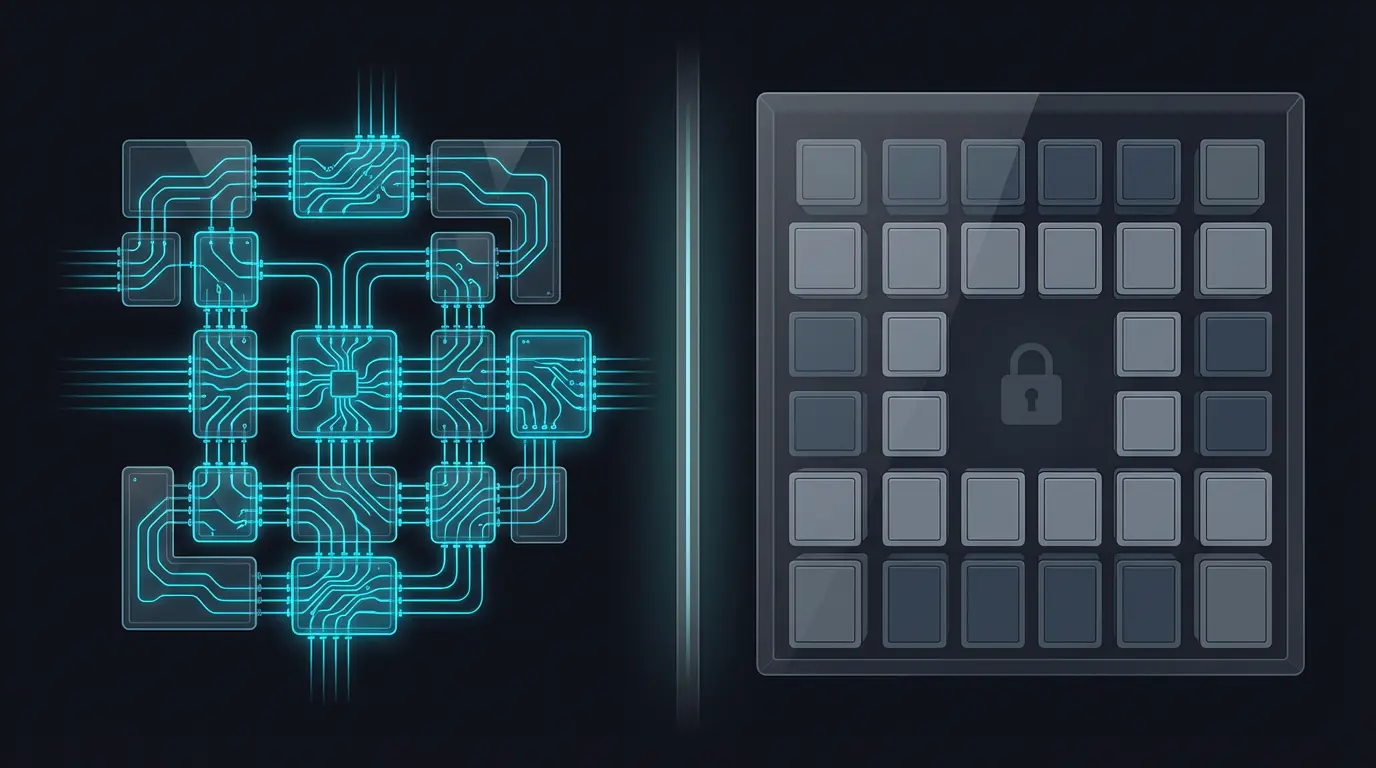 Split comparison of custom-built open AI architecture versus closed SaaS platform grid
