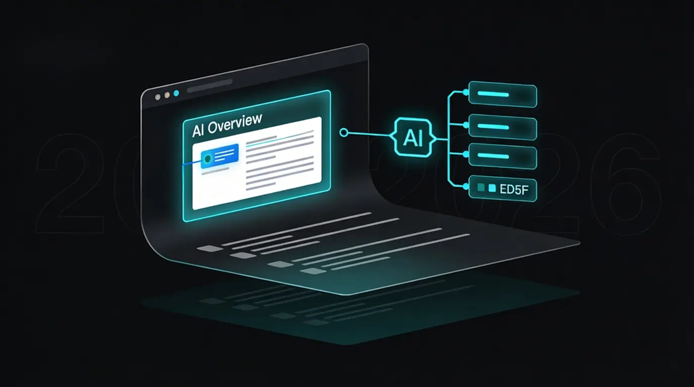 Webpage rising through search results and AI overview layers with structured data connections