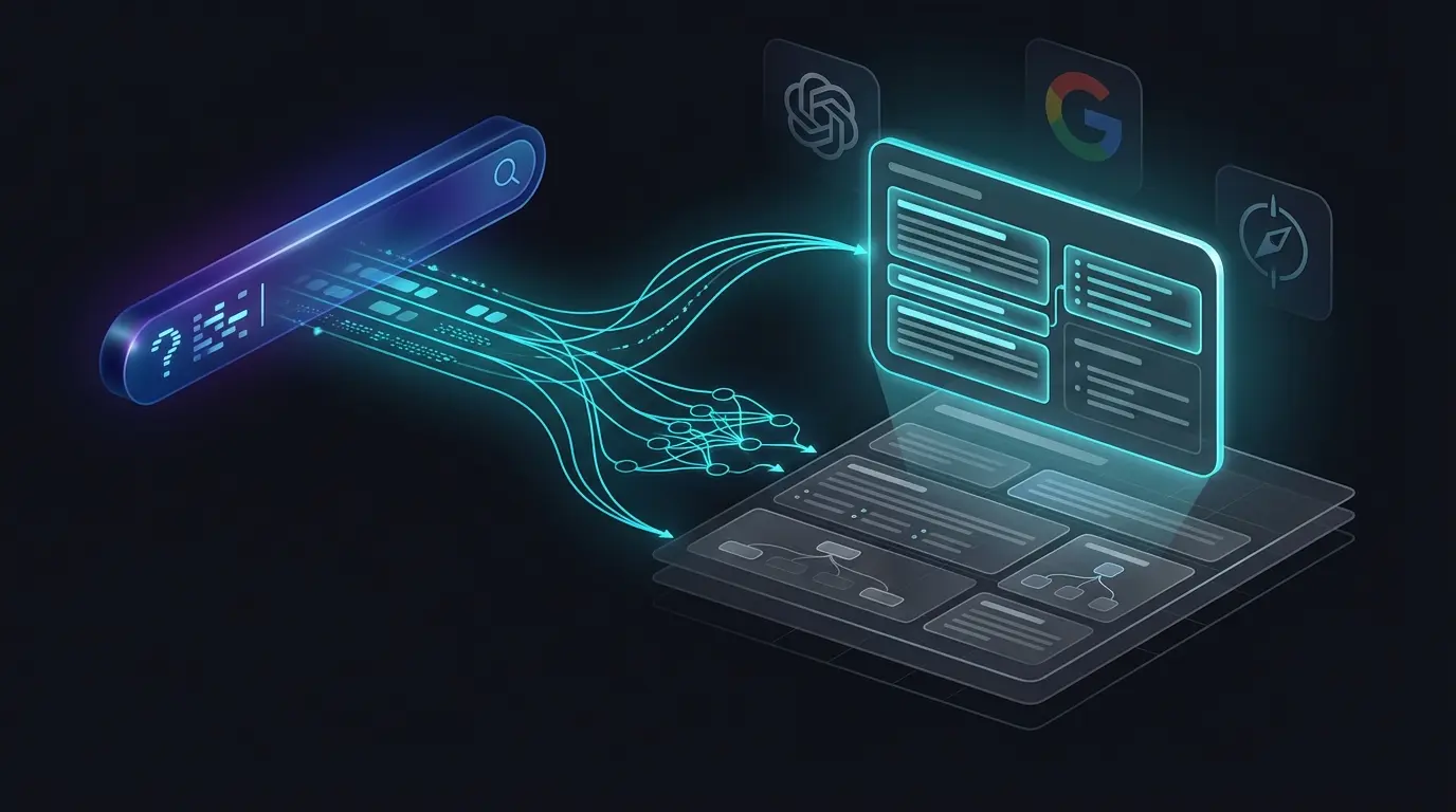 Search query connecting to AI-generated answer card with flowing cyan light trails and AI platform icons
